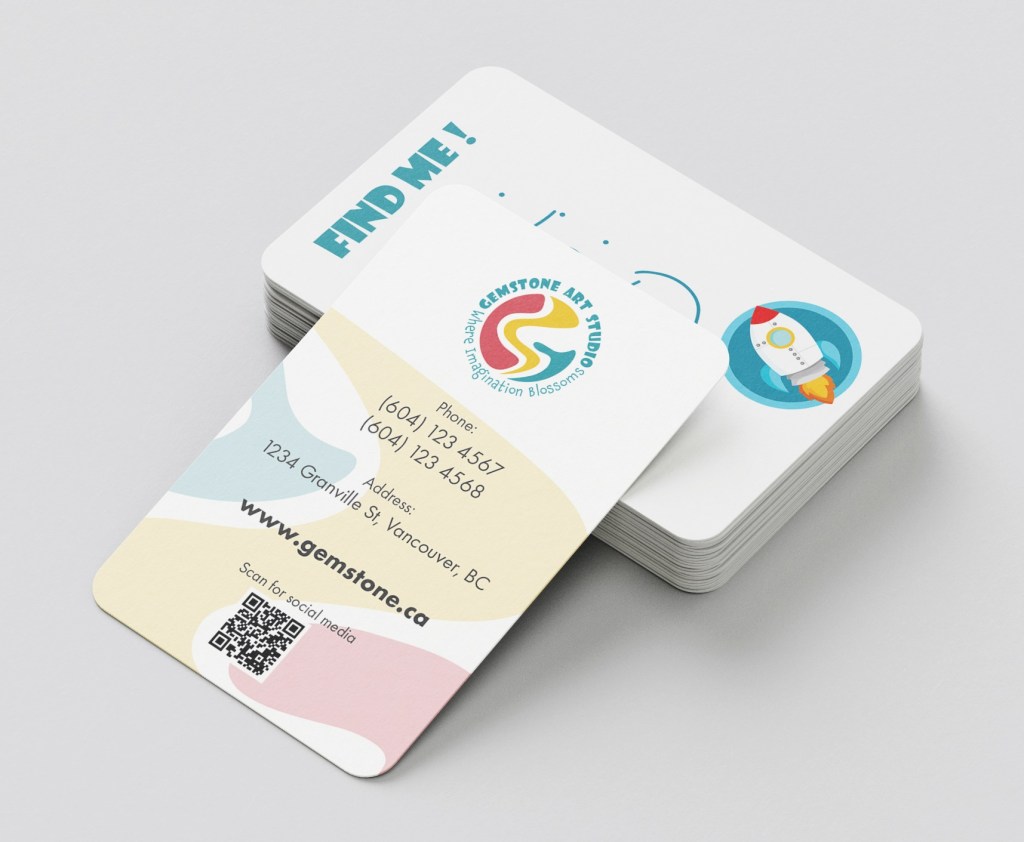 A business card for Gemstone Art Studio featuring the studio's logo, contact information, and a playful design with colorful abstract shapes. The back includes a QR code for social media and a bright illustration.